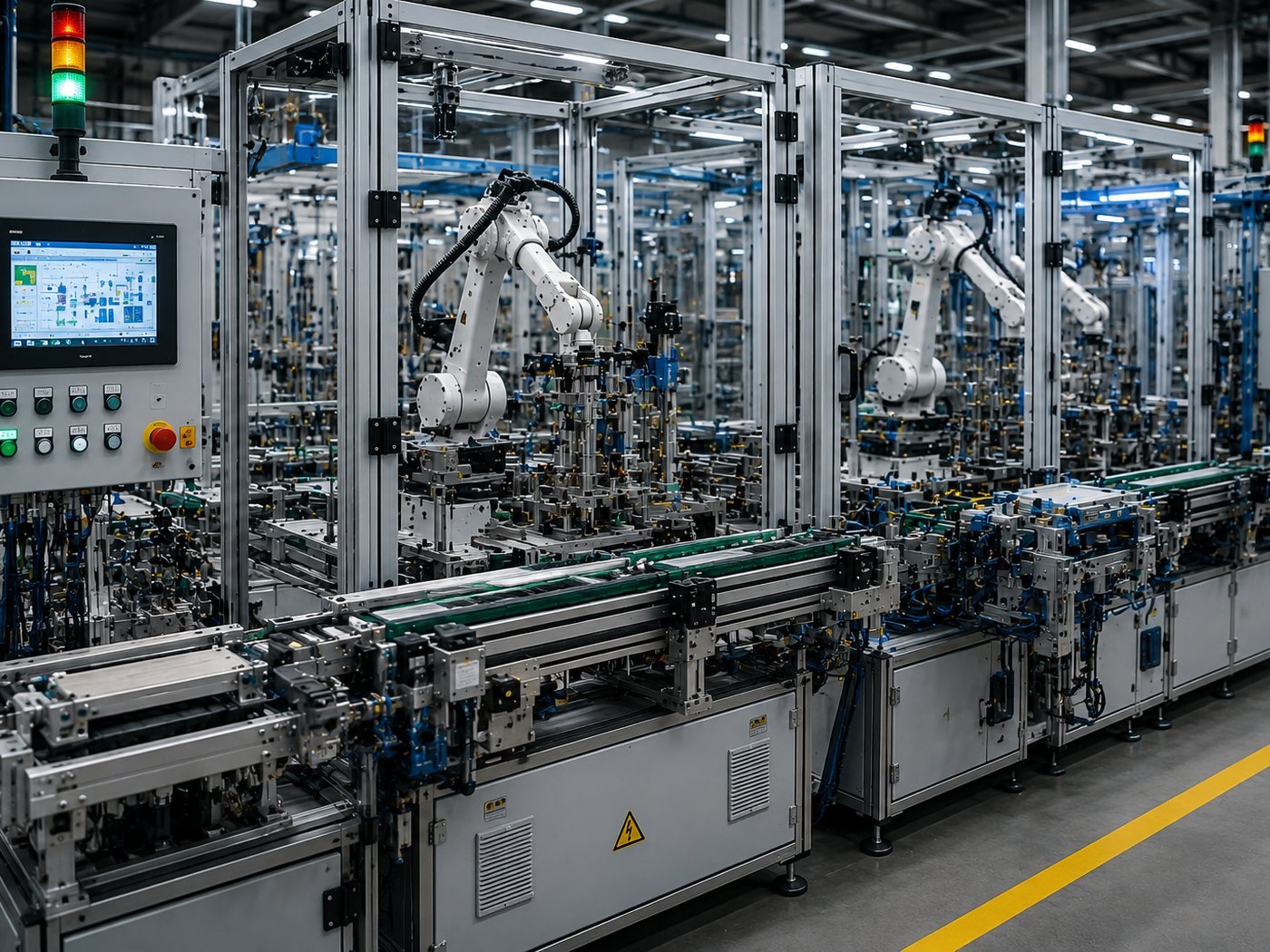Linea di produzione automatizzata con bracci robotici antropomorfi protetti da barriere di sicurezza